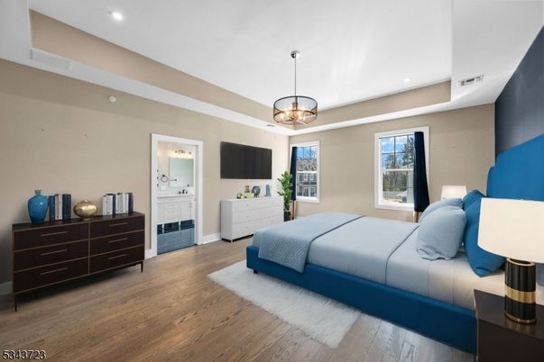 Bedroom, Chandelier, Interior, Pendant Lights, Recessed Lighting, Wood Texture Flooring