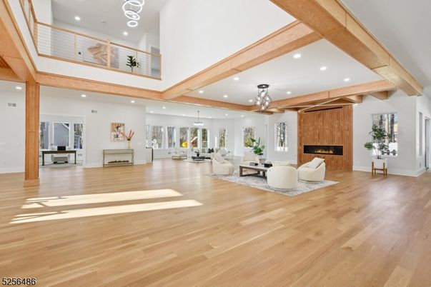 Fireplace, Interior, Living room, Pendant Lights, Recessed Lighting, Wooden Beams, Wood Texture Flooring