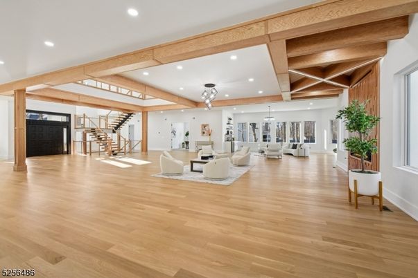 Dining room, Interior, Living room, Pendant Lights, Recessed Lighting, Wooden Beams, Wood Texture Flooring