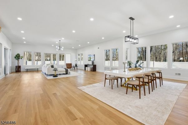 Dining room, Interior, Living room, Pendant Lights, Recessed Lighting, Wood Texture Flooring