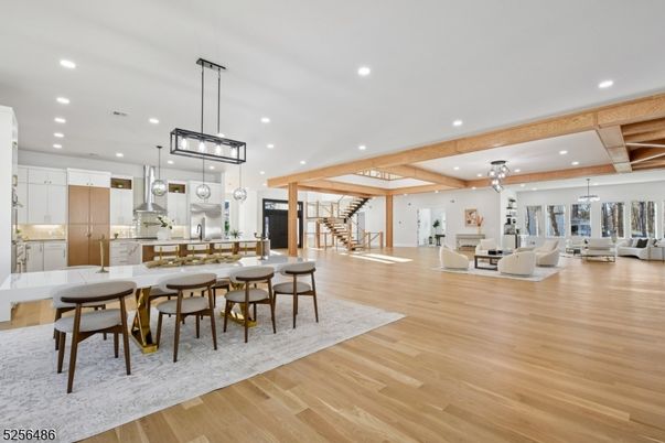 Dining room, Interior, Kitchen, Living room, Pendant Lights, Recessed Lighting, Stainless Steel Appliances, Wooden Beams, Wood Texture Flooring
