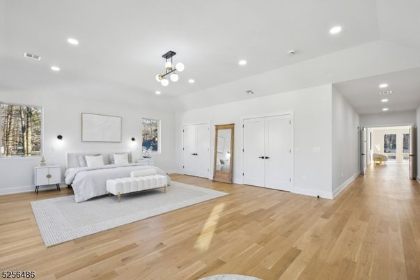 Bedroom, Interior, Pendant Lights, Recessed Lighting, Wood Texture Flooring