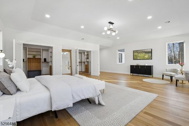 Bedroom, Interior, Pendant Lights, Recessed Lighting, Wood Texture Flooring
