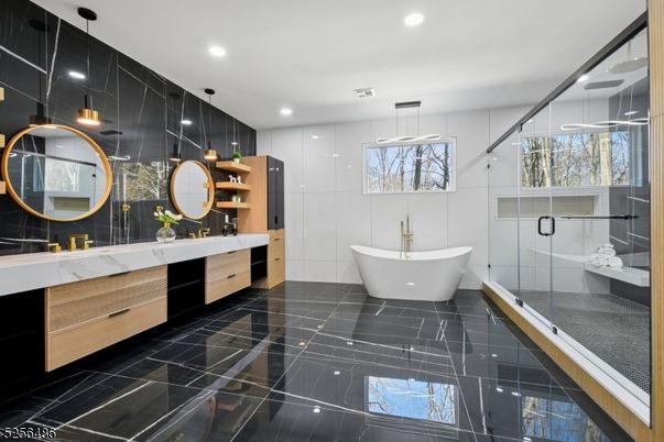 Bathroom, Dual Sink Vanities, Free Standing Baths, Glass Shower, Interior, Marble, Pendant Lights, Recessed Lighting