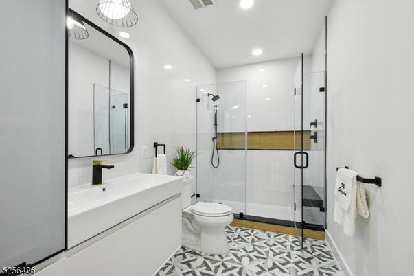 Bathroom, Glass Shower, Interior, Recessed Lighting, Wood Texture Flooring
