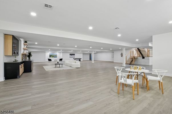Dining room, Interior, Living room, Recessed Lighting, Wood Texture Flooring