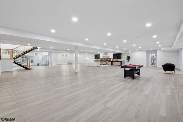 Billiard Table, Game Room, Interior, Pendant Lights, Recessed Lighting, Wood Texture Flooring