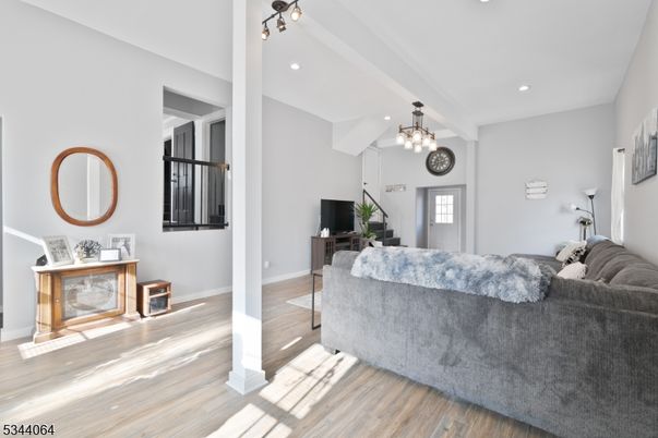 Interior, Living room, Pendant Lights, Recessed Lighting, Wood Texture Flooring