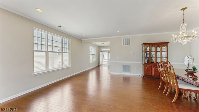 Chandelier, Dining room, Interior, Recessed Lighting, Wood Texture Flooring