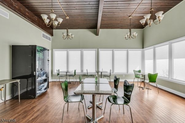 Chandelier, Dining room, Interior, Living room, Wooden Beams, Wooden Ceilings, Wood Texture Flooring