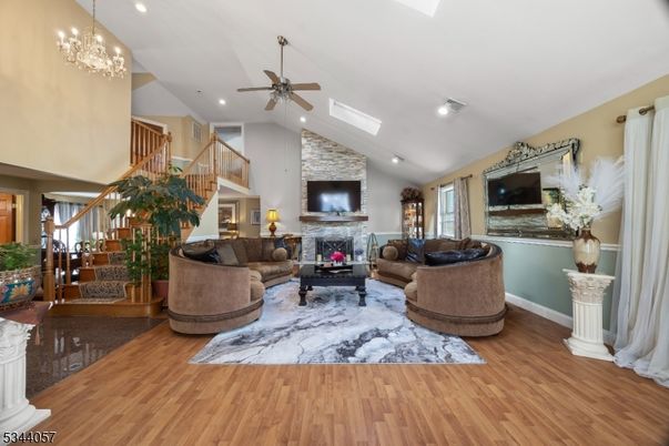 Fireplace, Interior, Living room, Pendant Lights, Recessed Lighting, Wood Texture Flooring