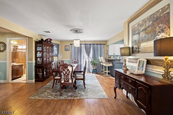 Dining room, Interior, Pendant Lights, Wood Texture Flooring