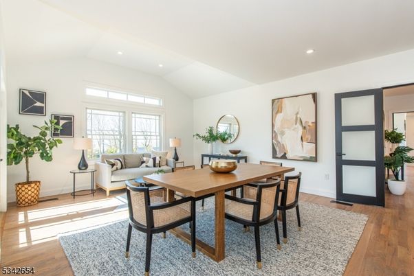 Dining room, Interior, Living room, Recessed Lighting, Wood Texture Flooring