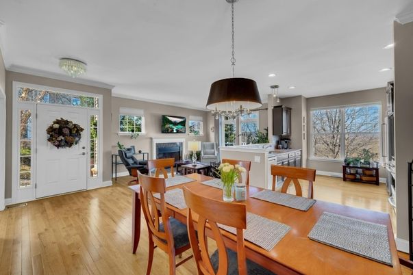 Dining room, Fireplace, Interior, Kitchen, Living room, Pendant Lights, Recessed Lighting, Wood Texture Flooring