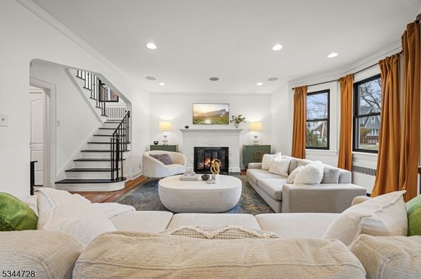 Fireplace, Interior, Living room, Recessed Lighting, Wood Texture Flooring