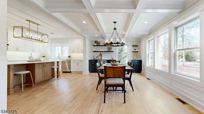 Chandelier, Dining room, Interior, Kitchen, Pendant Lights, Recessed Lighting, Stainless Steel Appliances, Wood Texture Flooring