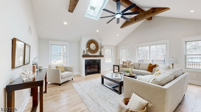 Fireplace, Interior, Living room, Recessed Lighting, Wooden Beams, Wood Texture Flooring