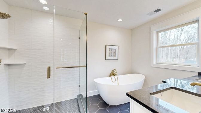 Bathroom, Free Standing Baths, Glass Shower, Interior, Recessed Lighting