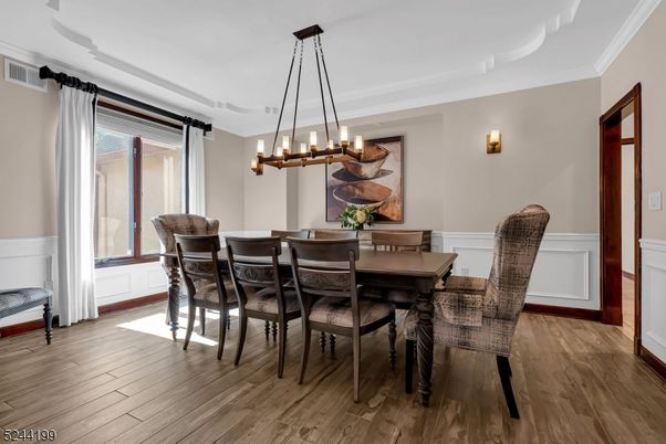 Chandelier, Dining room, Interior, Wood Texture Flooring