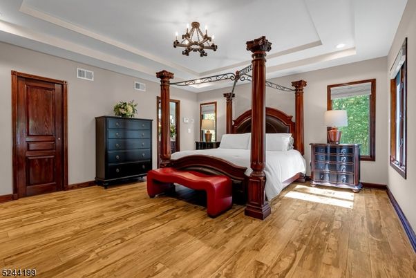 Bedroom, Chandelier, Interior, Recessed Lighting, Wood Texture Flooring
