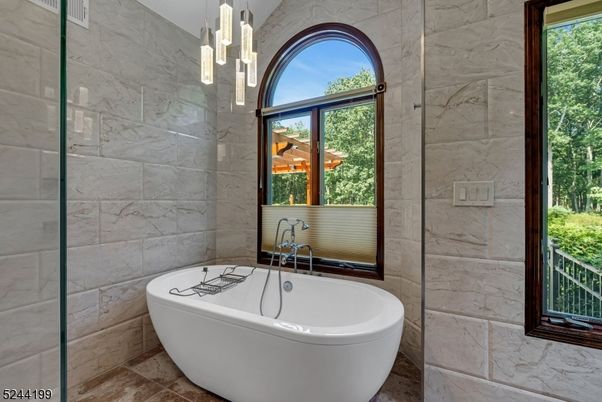 Bathroom, Free Standing Baths, Interior, Marble Walls, Pendant Lights