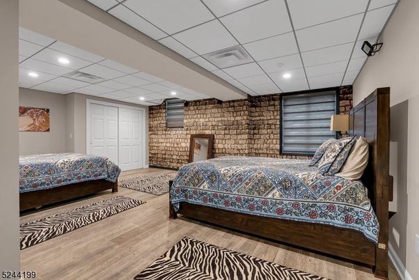 Bedroom, Interior, Recessed Lighting, Stone Walls, Wood Texture Flooring