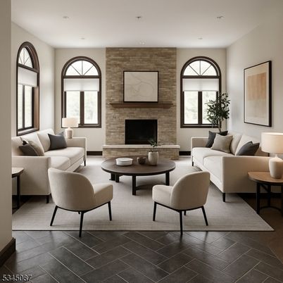 Fireplace, Interior, Living room, Recessed Lighting, Stone Walls, Wood Texture Flooring