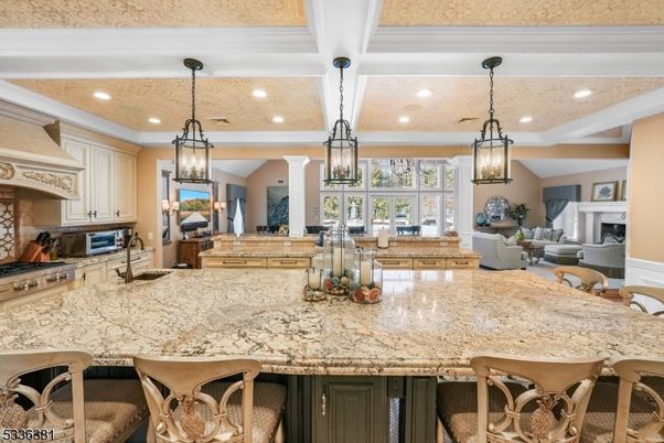 Fireplace, Interior, Kitchen, Living room, Pendant Lights, Recessed Lighting