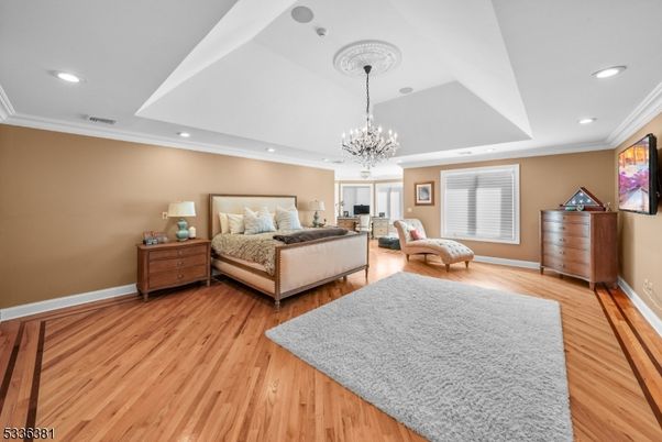 Bedroom, Chandelier, Interior, Recessed Lighting, Wood Texture Flooring