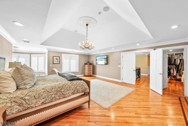 Bedroom, Chandelier, Interior, Recessed Lighting, Wood Texture Flooring