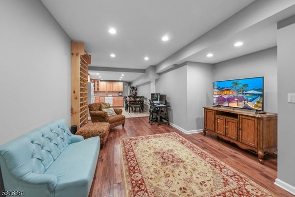 Dining room, Interior, Kitchen, Living room, Recessed Lighting, Wood Texture Flooring