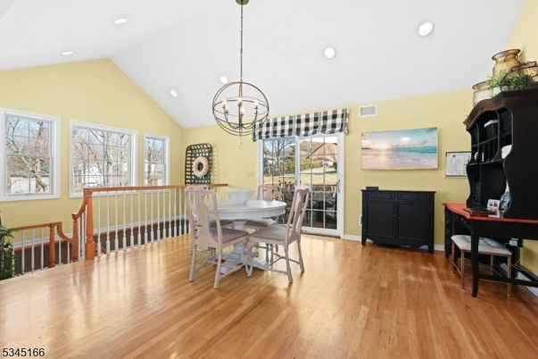 Chandelier, Dining room, Interior, Recessed Lighting, Wood Texture Flooring