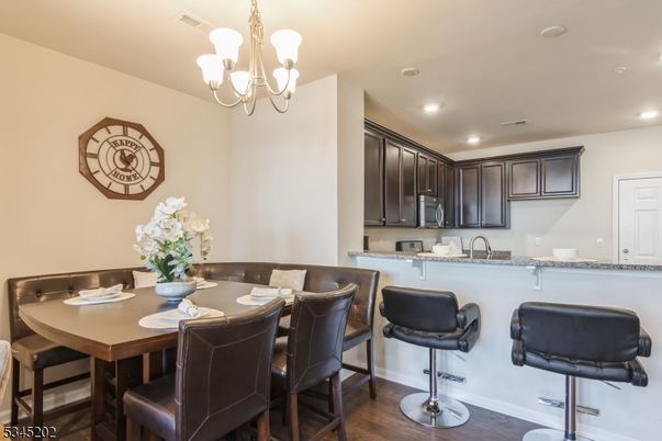 Chandelier, Dining room, Interior, Kitchen, Recessed Lighting, Wood Texture Flooring
