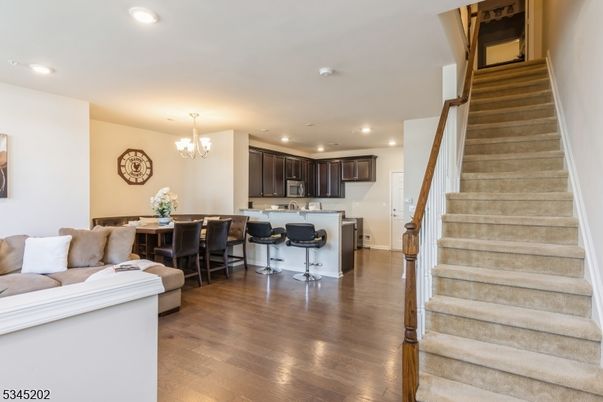 Chandelier, Dining room, Interior, Kitchen, Recessed Lighting, Wood Texture Flooring