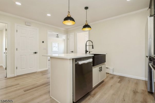 Interior, Kitchen, Pendant Lights, Recessed Lighting, Wood Texture Flooring