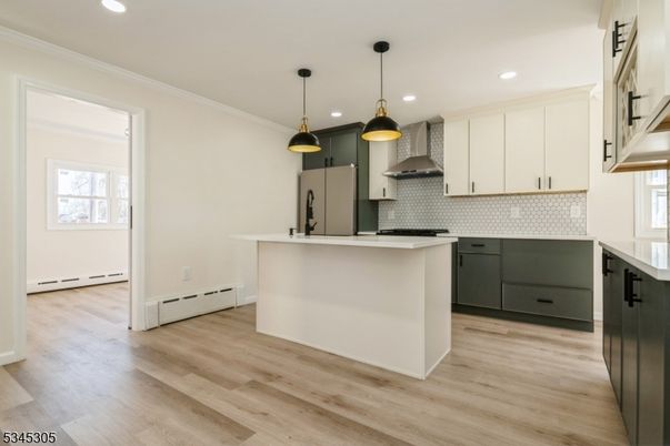Interior, Kitchen, Pendant Lights, Recessed Lighting, Wood Texture Flooring
