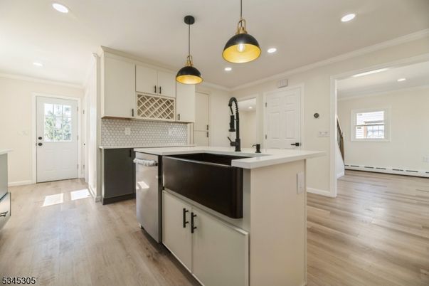 Interior, Kitchen, Pendant Lights, Recessed Lighting, Wood Texture Flooring