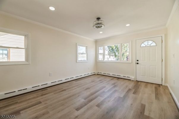 Chandelier, Empty room, Interior, Recessed Lighting, Wood Texture Flooring