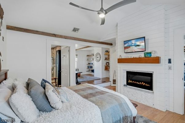 Bedroom, Fireplace, Interior, Wooden Beams, Wood Texture Flooring