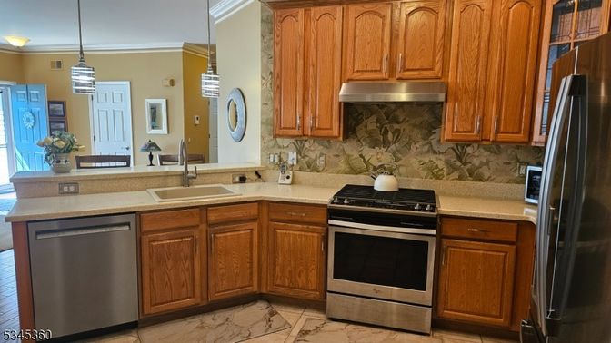 Interior, Kitchen, Marble, Pendant Lights, Stainless Steel Appliances