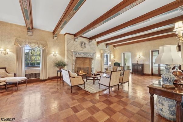 Fireplace, Interior, Living room, Stone Walls, Wooden Beams, Wood Texture Flooring