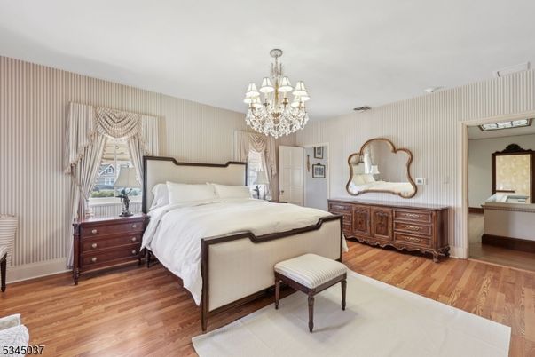 Bedroom, Chandelier, Interior, Wood Texture Flooring