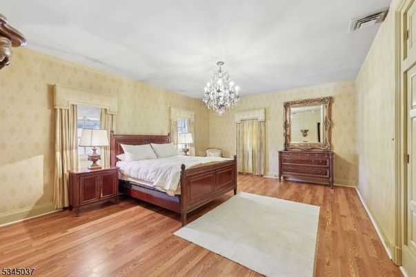 Bedroom, Chandelier, Interior, Wood Texture Flooring