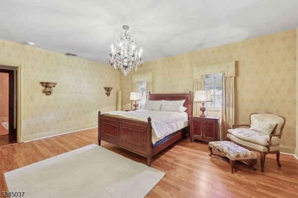 Bedroom, Chandelier, Interior, Wood Texture Flooring