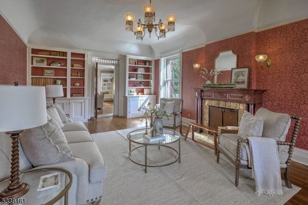 Chandelier, Fireplace, Interior, Living room, Wood Texture Flooring