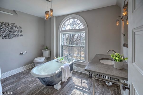 Bathroom, Dining room, Free Standing Baths, Interior, Pendant Lights, Wood Texture Flooring
