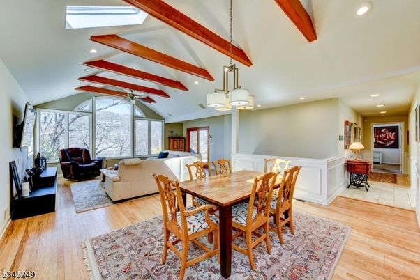 Dining room, Interior, Living room, Pendant Lights, Recessed Lighting, Wooden Beams, Wood Texture Flooring