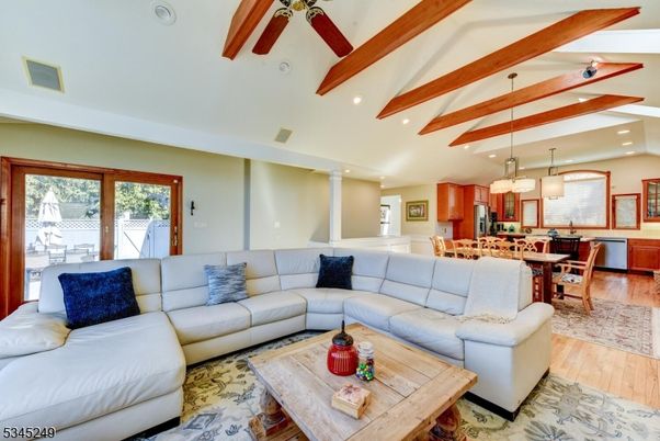 Dining room, Interior, Kitchen, Living room, Pendant Lights, Recessed Lighting, Stainless Steel Appliances, Wooden Beams, Wood Texture Flooring
