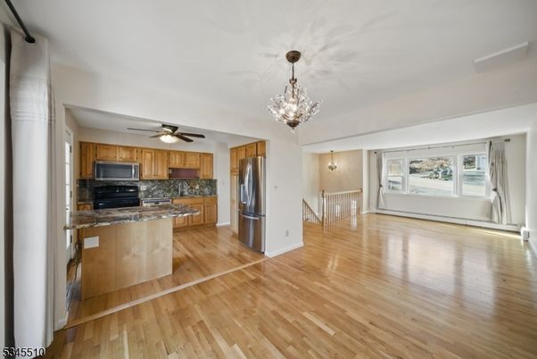 Chandelier, Interior, Kitchen, Stainless Steel Appliances, Wood Texture Flooring