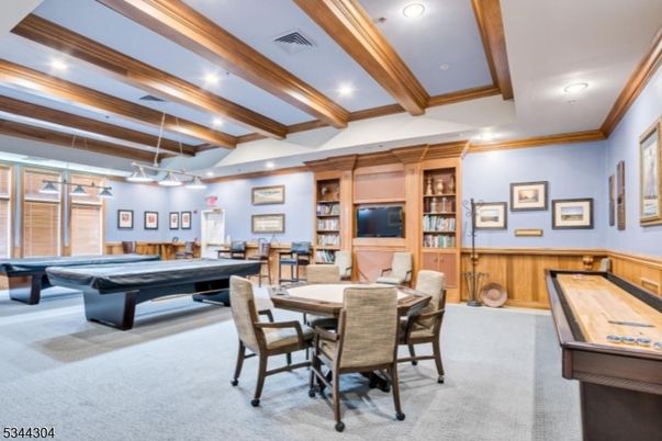 Billiard Table, Dining room, Game Room, Interior, Pendant Lights, Recessed Lighting, Wooden Beams